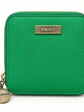 DKNY Emerald Green Zip-Around Coin Purse Card Wallet Silver Logo